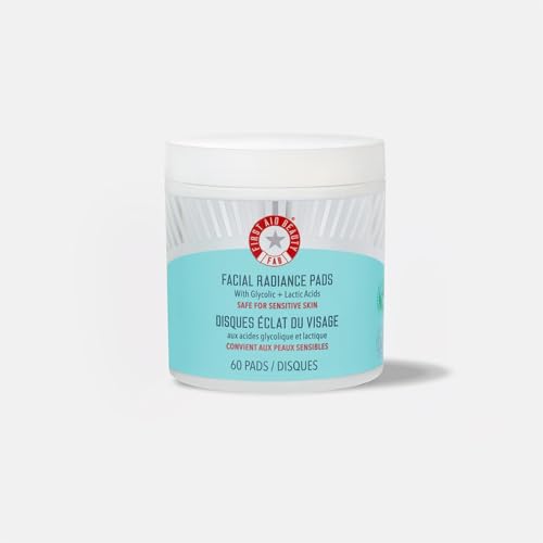 First Aid Beauty - Facial Radiance Pads with Glycolic & Lactic Acids, Daily Exfoliating Pads with AHA, Visibly Smaller Pores, Help Tone & Brighten Skin, One-Step Makeup Prep, Compostable, 60ct
