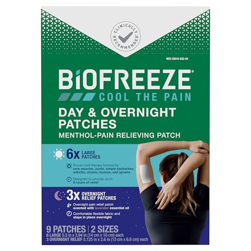Biofreeze Day & Overnight Pain Relief Patches, Menthol Pain Patches for Arthritis & Muscle Pain Relief, Comfortable & Flexible Fabric Stays in Place, FSA/HSA Eligible, 9 Patches (6 Day, 3 Night)