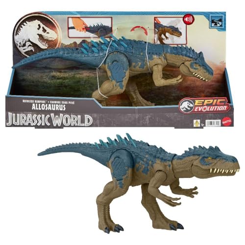 Mattel Jurassic World Ruthless Rampagin Allosaurus Dinosaur Toy, Action Figure with Continuous Chomp Attack & Roar Sounds, Button Activated Evolved Battle Spikes
