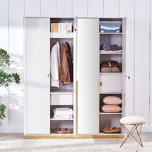 Vegas 4-Door Wardrobe with Mirror and Drawers | Full Length Mirror for Home | Engineered Wood | Grey | 1 Year Warranty