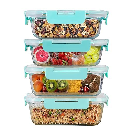 SIMPARTE 1520ml Rectangular Borosilicate Glass Food Storage Containers with Airtight Leak-Proof Blue Lids – Set of 4 | Microwave, Freezer & Dishwasher