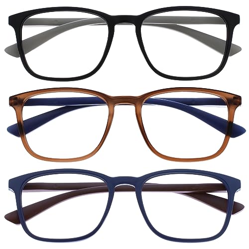 OPULIZE Max Reading Glasses 3 Pack - Classic Large Rectangular Frame - Matt Black Brown Blue - Men's Women's Unisex - Spring Hinges - RRR78-123 - +2.00