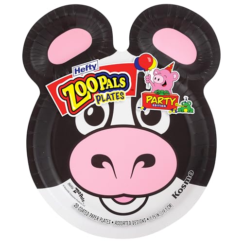 Hefty Zoo Pals Party Edition Paper Plates for Kids, Assorted Animal Designs, 7.75 Inches with Two Dipping Compartments, Multi-Color, 20 Count