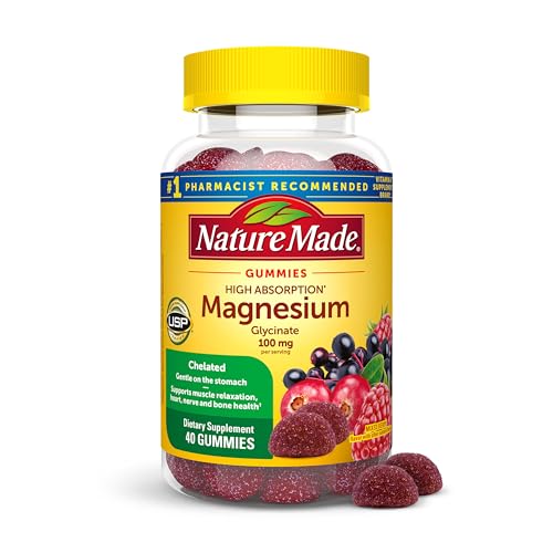 Nature Made High Absorption Magnesium Glycinate Gummies 100 mg per Serving, Muscle, Nerve, Bone and Heart Support, Magnesium Supplement, 40 Magnesium Gummies, 20 Day Supply
