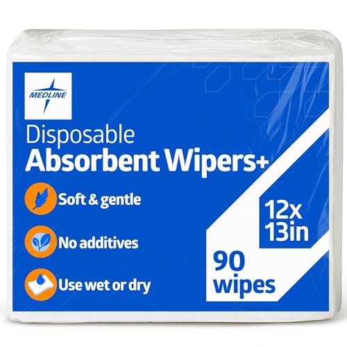 Medline Absorbent Wipers+ Disposable Heavy Duty Dry Wipes, 12" x 13" (90 Count)