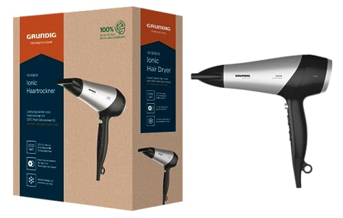 (-63%) Grundig HD 6080 B Haartrockner | Ionen Föhn mit Diffusor, 3 Temperatur- und 2 Luftstromstufen | 2.200 W, Schwarz/Silber