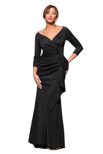 Xscape Women's Long 3/4 Sleeve V-Neck Side Ruched Gown (Reg and Petite), Black, 16