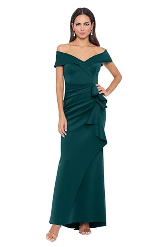 Xscape Women's Long Off Shoulder Sweetheart Neck Side Ruffle Gown, Hunter, 14P