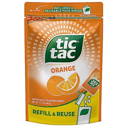 Tic Tac Bulk Resealable Refill Bag, Orange Flavored Mints, On-The-Go Refreshment, Includes Empty Refillable Pack, 17.2 oz