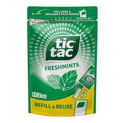 Tic Tac Bulk Resealable Refill Bag, Freshmint Breath Mints, On-The-Go Refreshment, Includes Empty Refillable Pack, 17.2 oz