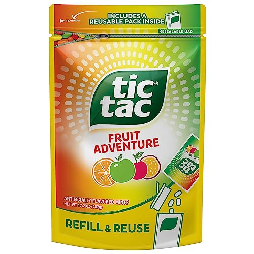 Tic Tac Bulk Resealable Refill Bag, Fruit Adventure Mints, On-The-Go Refreshment, Includes Empty Refillable Pack, 17.2 oz