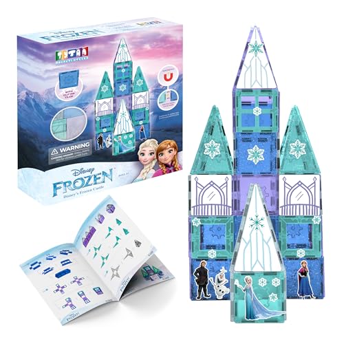 Tytan Toys Disney Frozen Magnetic Tiles Princess Castle - 68-Piece STEAM Building Set with Glitter Tiles & Elsa, Anna, Olaf Stickers - Educational Frozen Toys for Girls Age 3-4+