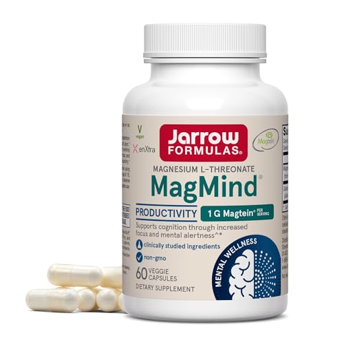 Jarrow Formulas Magnesium L-Threonate, MagMind Productivity, High Absorption Magnesium, Brain Supplements for Memory and Focus, 60 Veggie Capsules, Up to a 30 Day Supply
