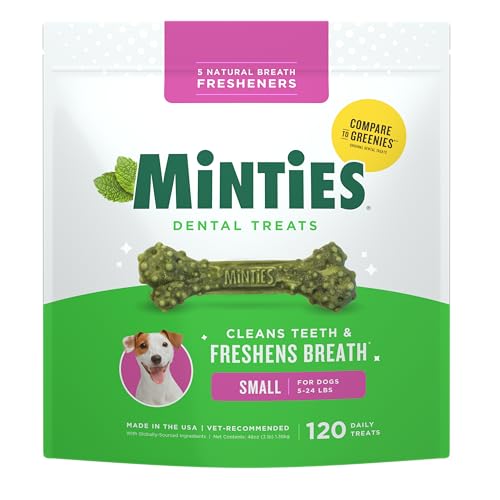 Minties Dental Chews for Dogs, 120 Count, Vet-Recommended Mint-Flavored Treats for Tiny/Small Dogs 5-24 lbs, Dental Bones Clean Teeth, Fight Bad Breath, and Removes Plaque and Tartar