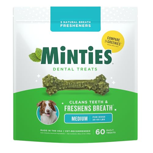 Minties Dog Dental Bone Chews 25-50 lb Vet Recommended 60-Count