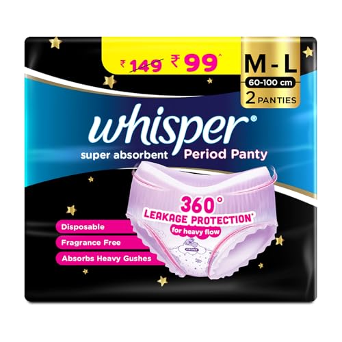 Whisper Super Absorbent Period Panty, 2 M-L Pants, 360 Degree Leakage Protection* for Heavy Flow, Panty like Fit, Full back Coverage, Absorbs Heavy Gu