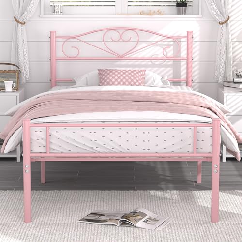 VECELO 14 Inch Twin Size Metal Platform Bed Frame with Headboard and Footboard, Heavy Duty Mattress Foundation with Steel Slats Support, No Box Spring Needed, Pink