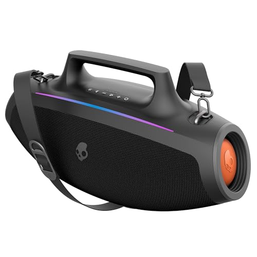 Skullcandy Barrel Bluetooth Boombox Speaker – Water-Resistant Wireless Portable Speaker, with LED Lightshow Mode, 12 Hour Battery, Multi-Link, & USB-C & USB-A Output Charging (Black)