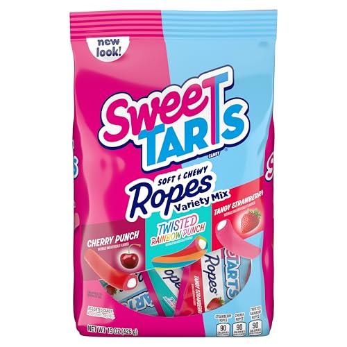 SweeTARTS Ropes Candy, Variety Mix, Cherry Punch, Twisted Rainbow Punch, Tangy Strawberry, Soft and Chewy, 15 oz