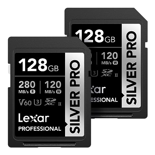 Lexar 128GB (2-PK) Professional SILVER PRO SD Card, UHS-II, C10, U3, V60, Full HD, 4K, Up To 280MB/s Read SDXC Memory Card, for Professional Photographer, Videographer, Enthusiast (LSDSIPR128G-B2NNU)