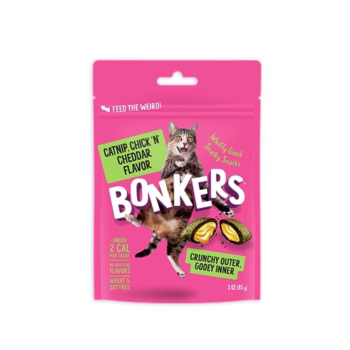 BONKERS Cat Bites, Crunchy & Soft Chick N' Cheddar Flavor Treats, Low Calorie, Training or Food Topper, 3 OZ Resealable Bag for All Breeds and Ages