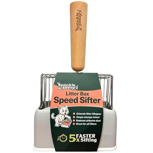 Sprinkle & Sweep Metal Cat Litter Scoop - Heavy Duty Litter Scooper & Speed Sifter with Comfortable Beech Wood Grip - Washable Convenient Stand for Easy and Efficient Cleaning