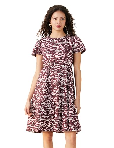 Amazon Brand - Symbol Women Rayon Fit and Flare One Piece Knee Length Tiered Dress (Available in Plus Sizes)