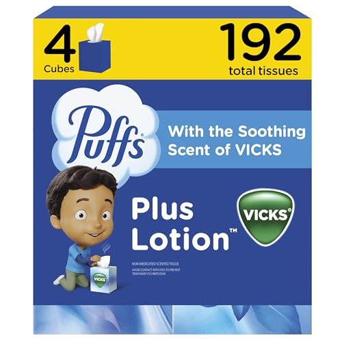 Puffs Plus Lotion with Vicks Facial Tissues, 4 Cubes, 48 Tissues per Box (192 Tissues)