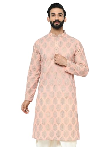 KISAH Mens Kurta – Printed Cotton Blend Tunic with Mandarin Collar, Regular Fit – Indian Wedding Outfit for Men – Festive Wear for Diwali, Eid & Celebrations Peach