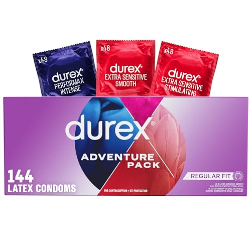 Durex Condoms Adventure Pack | Mix of Smooth & Ribbed Condoms Bulk | Variety Pack | Regular Fit Latex (Includes Durex Extra Sensitive Smooth, Stimulating, & Performax Intense), 144 ct