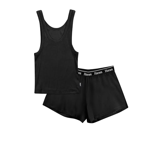 Hanes Women's Originals 2-Piece Lounge, Comfywear Rib Crop Tank & Sleep Shorts Loungewear Set, Black/Black, Medium