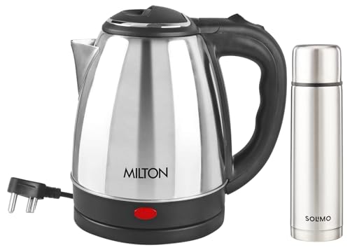 Milton Euroline Go Electro 2.0 Stainless Steel Electric Kettle 2L Silver 1350W with Auto Cut-Off and Milton Thermosteel Plain Lid Water Bottle 1L Silv