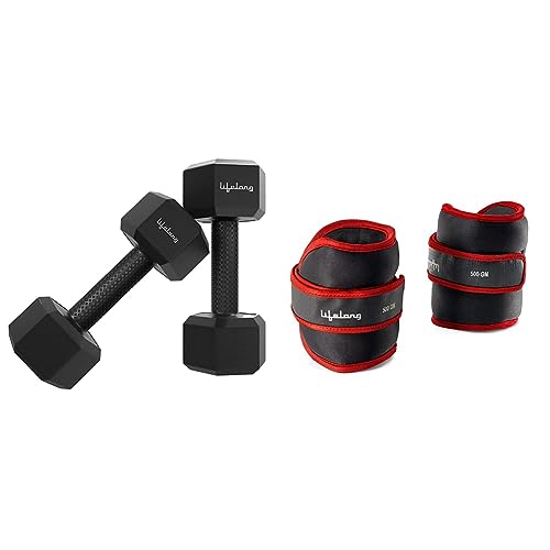 Lifelong PVC Hex Dumbbells Pack of 2 (5kg*2) Black Color & Lifelong Adjustable Ankle Weight for Running, Jogging, Cycling, Sand Filled, for Both Men a