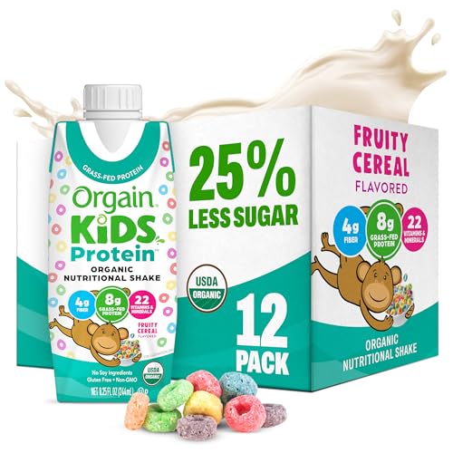 Orgain Organic Kids Nutritional Protein Shake, Fruity Cereal - Kids Snacks with 8g Dairy Protein, 22 Vitamins & Minerals, Fruits & Vegetables, Gluten Free, Soy Free, Non-GMO, 8.25 Fl Oz (Pack of 12)