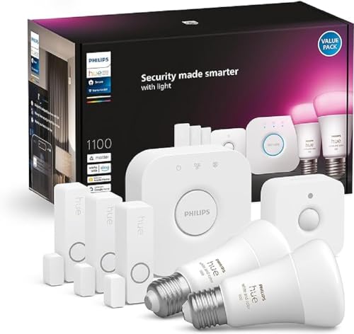 (-35%) Philips Hue Secure Starter Kit - mit 3 Kontaktsensoren, 1 Bewegungssensor, 2 White & Color Ambiance E27 LED Lampen, 1 Hue Bridge, Smart Home Security & Lichtsteuerung mit nur Einer App
