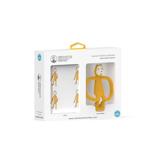 Matchstick Monkey, Antimicrobial Teether & Muslin Gift Set - 1 Animal Teether, 1 Soft 100% Organic Cotton Muslin, Ludo Lion