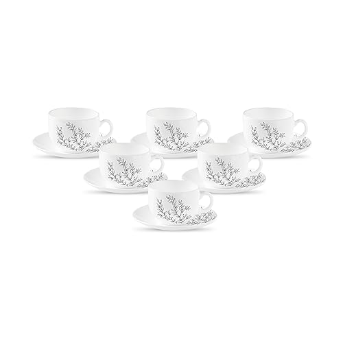 Diva, Pearl Collection Opal Glass Crockery | Cup & Saucer, Set of 12 | Dusky Vines, 160 ml | for Tea & Coffee | Microwave Safe | 100% Vegetarian | Ext