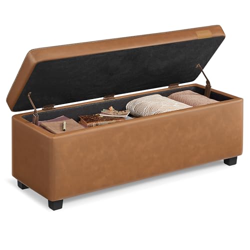 VASAGLE EKHO Collection - Storage Ottoman Bench, Entryway Bedroom Bench, 25 Gallons, Synthetic Leather with Stitching, Mid-Century Modern, Safety Hinges, Loads 660 lb, Caramel Brown ULOM075K01