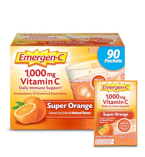 Emergen-C 1000mg Vitamin C Powder for Daily Immune Support Caffeine Free Vitamin C Supplements with Zinc and Manganese, B Vitamins and Electrolytes, Super Orange Flavor - 90 Count/3 Month Supply