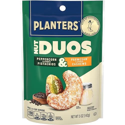 PLANTERS Nut Duos, Flavored Nuts, Peppercorn Pistachios & Parmesan Cashews 5oz