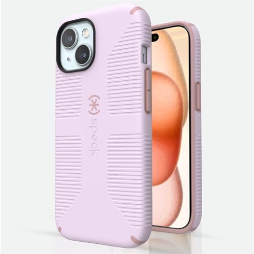 Speck iPhone 15 Case - Built for MagSafe, Drop Protection Grip – for iPhone 15 iPhone 14 & iPhone 13 - Scratch Resistant, Soft Touch, 6.1 Inch Phone Case - CandyShell Grip Soft Lilac/Carnation Petal