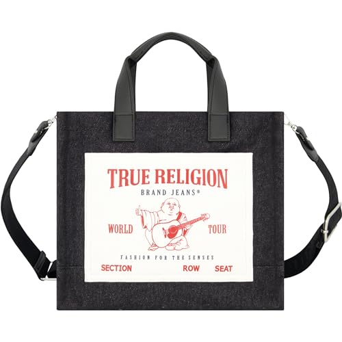 True Religion Tote Bag, Women's Medium Denim Travel Shoulder Bag with Adjustable Strap, Black