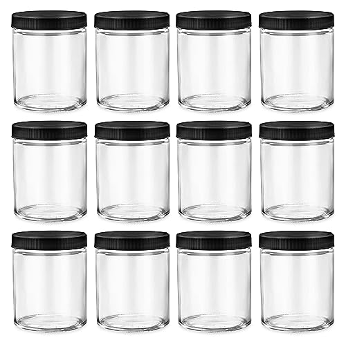 North Mountain Supply 6 Ounce Clear Glass Straight Sided Mason Canning Jars - with 63mm Black Plastic Lids - Case of 12