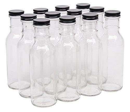 North Mountain Supply 12 Ounce Glass Ring-Neck Sauce Bottle 38 CT - with Black Metal Lids - Case of 12