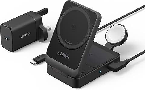 Anker MagGo 3-in-1 Wireless Charging Station, MagSafe-Compatible Qi2 Certified 15W Wireless Stand with Apple Watch and AirPods Support, For iPhone 17/16/15 Series and More (40W USB C Charger Included)