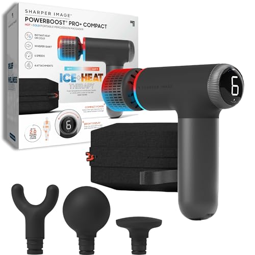 Sharper Image® Powerboost® Pro+ Hot & Cold Compact Deep Tissue Massage Gun - 6 Speed, 4 Attachments, Travel Case| Soothing Heat & Cold Therapy| Portable Lightweight Full Body Shoulder & Back Massager