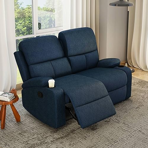 Matt 2 Seater Fabric Manual Recliner with Cup Holder | 1 Year Warranty | Self Assembly | Blue