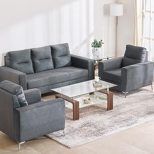 Helios Vive | 5 Seater | Fabric|Solid Wood | Sofa Sets | Grey | Sofa Set 3+1+1 | 1 Year Warranty
