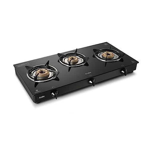 Apex LPG Gas Stove 3 Burner | 6mm Toughened Glass Top Gas Stoves | Brass Burners | ISI Certified | 360 Revolving Inlet Nozzle | Warranty 2 Years Stand