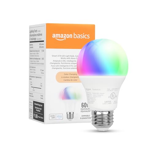 Amazon Basics Bombilla LED inteligente A19, cambio de color, 9 W (equivalente a 60 W), 800 LM, funciona solo con Alexa, Wi-Fi de 2.4 GHz, no requiere concentrador, 1 paquete